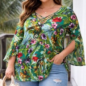 Cable & Gauge Y2K Viscose Blend Tropical Floral Bell Sleeve Top Multicolor Boho